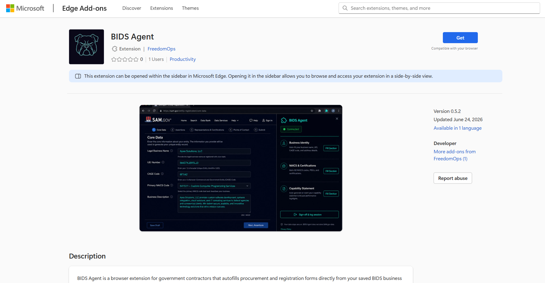 BIDS Agent on Microsoft Edge Add-ons — sidebar filling SAM.gov Core Data from your connected profile
